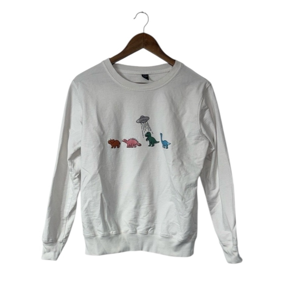 Romwe Dinosaur Aliens White Sweatshirt Fun Dino Character Party Size Small